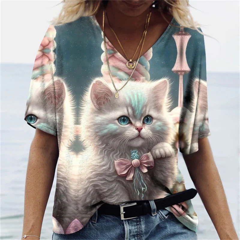 Damen Sommer Top Katzen T-Shirt V-Ausschnitt Hemd & Bluse Damentop Mädchen