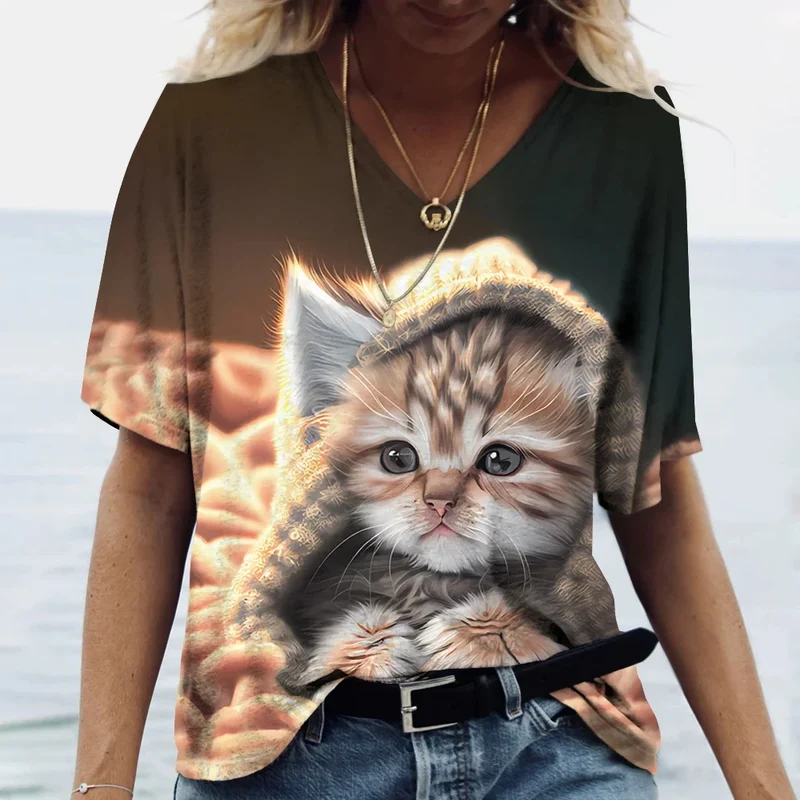 Damen Sommer Top Katzen T-Shirt V-Ausschnitt Hemd & Bluse Damentop Mädchen