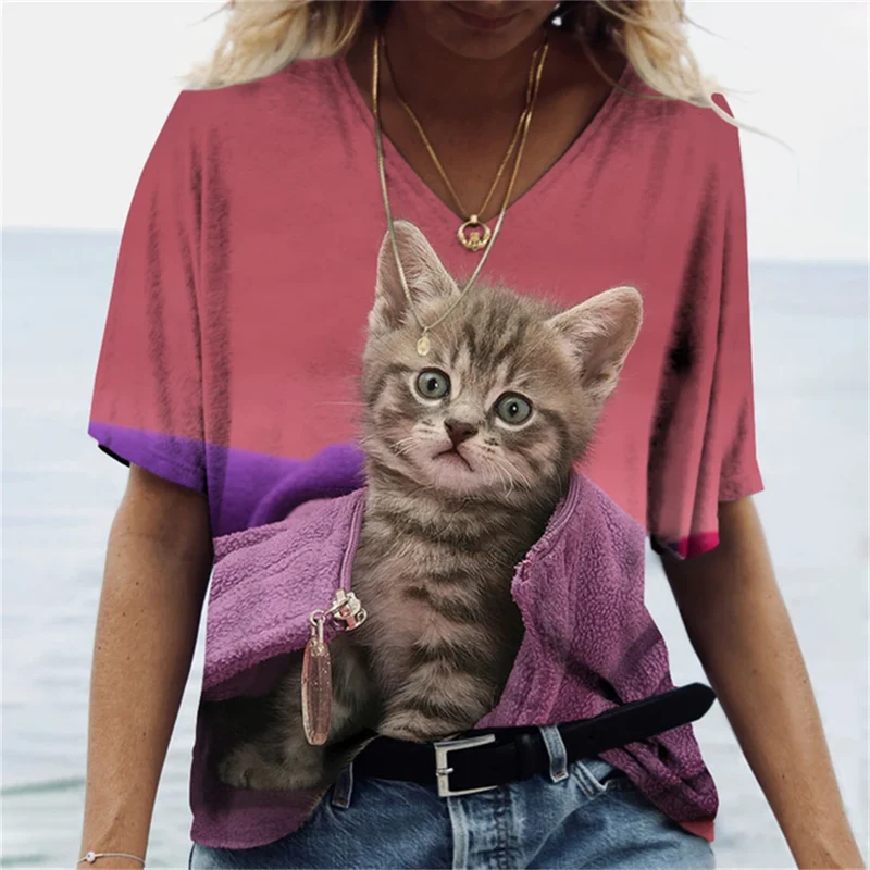 Damen Sommer Top Katzen T-Shirt V-Ausschnitt Hemd & Bluse Damentop Mädchen