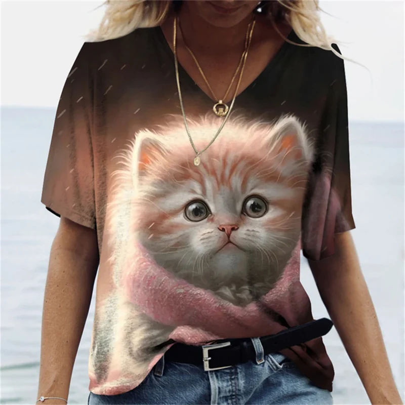 Damen Sommer Top Katzen T-Shirt V-Ausschnitt Hemd & Bluse Damentop Mädchen