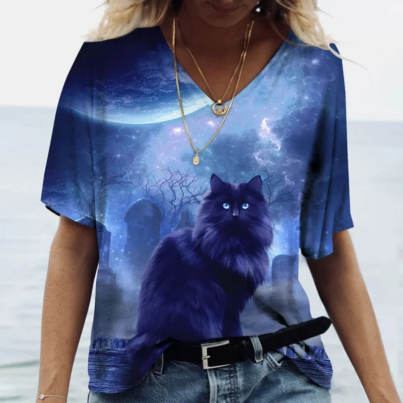Damen Sommer Top Katzen T-Shirt V-Ausschnitt Hemd & Bluse Damentop Mädchen