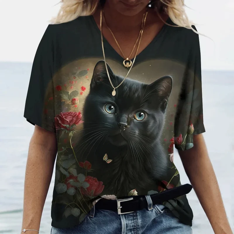 Damen Sommer Top Katzen T-Shirt V-Ausschnitt Hemd & Bluse Damentop Mädchen