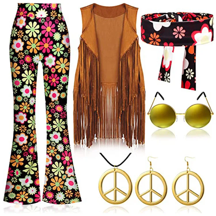 Damen Hippie Kostüm Hose 60er 70er Hüftjeans Schlaghose Leggins Flower Power