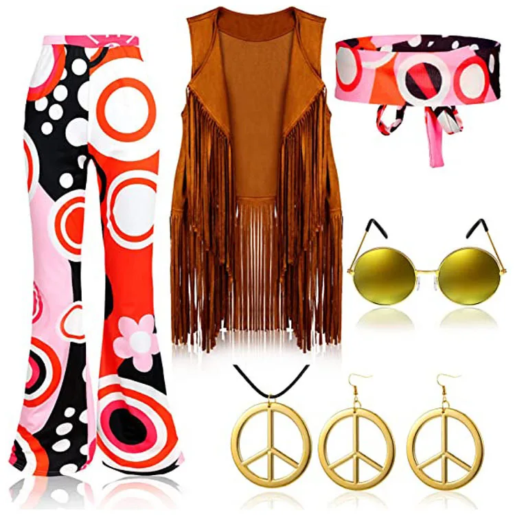 Damen Hippie Kostüm Hose 60er 70er Hüftjeans Schlaghose Leggins Flower Power
