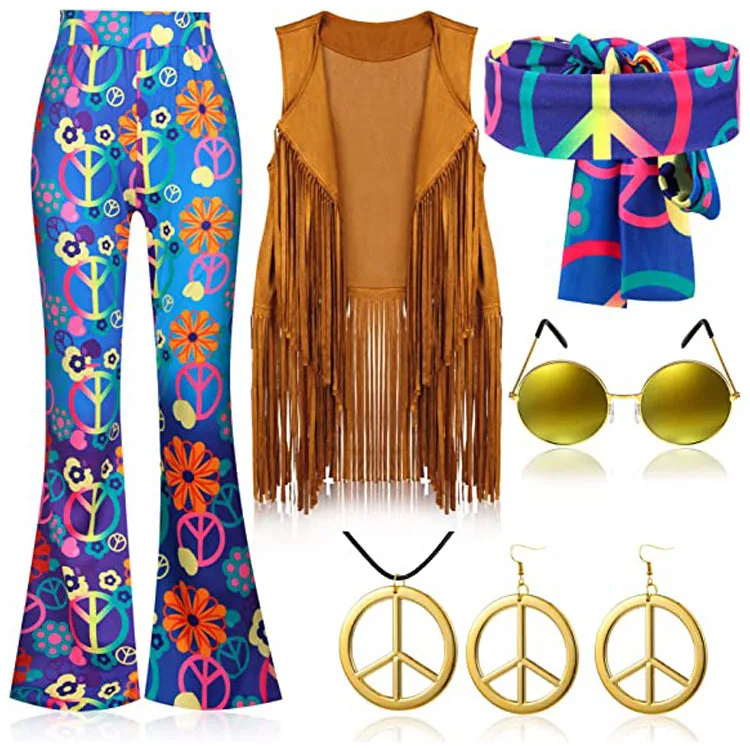 Damen Hippie Kostüm Hose 60er 70er Hüftjeans Schlaghose Leggins Flower Power