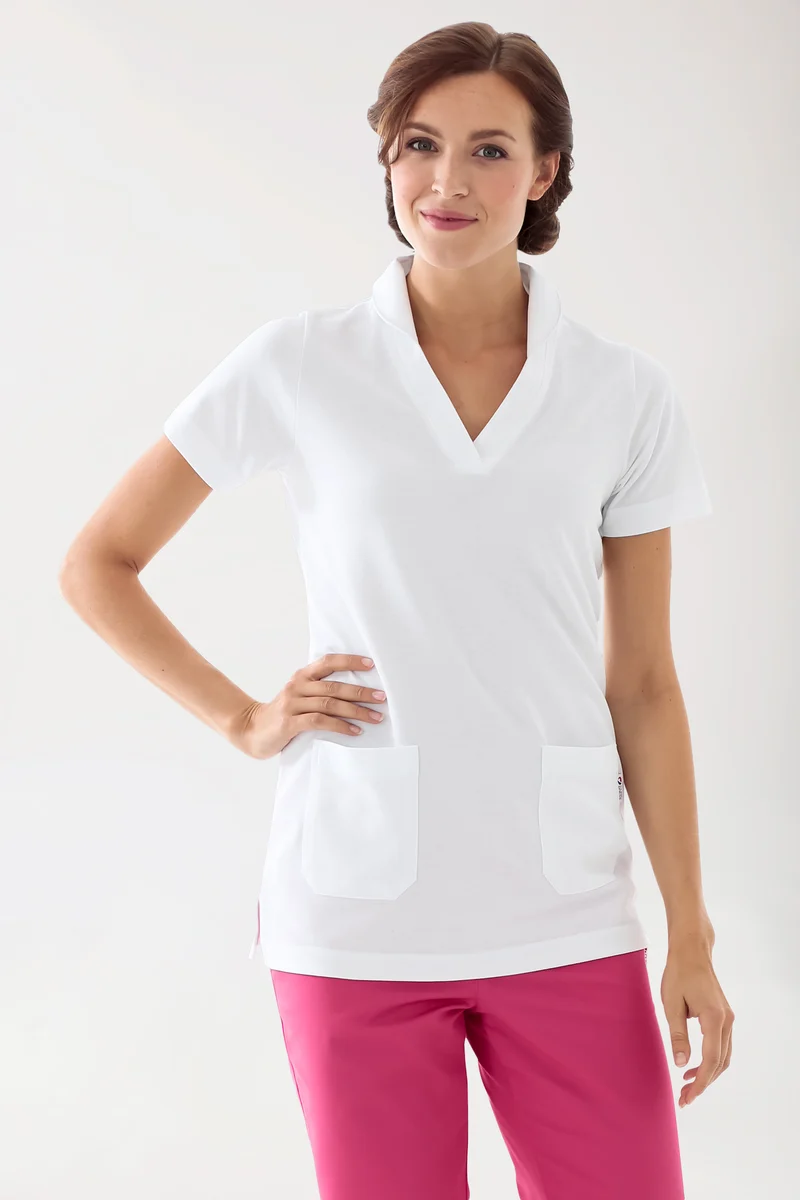 Piqué Longshirt Damen - mit Kragen weiß