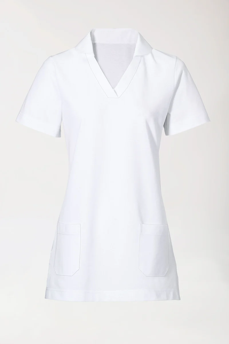 Piqué Longshirt Damen - mit Kragen weiß