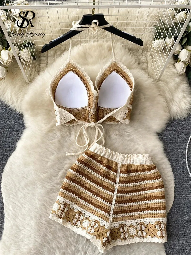 Damen Strick Bikini BH Set Gepolstert Brasilianischer Badeanzug Bademode Strand