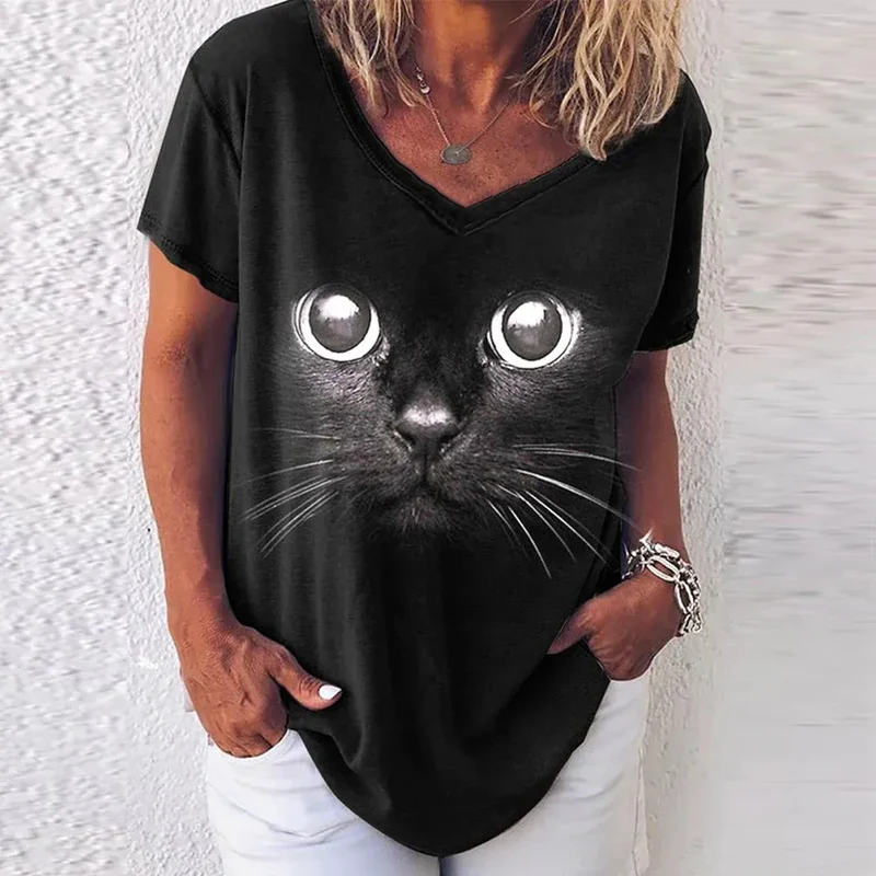 Damen Sommer Top Katzen T-Shirt Rundhals Streetwear Bluse Damentop Mädchen