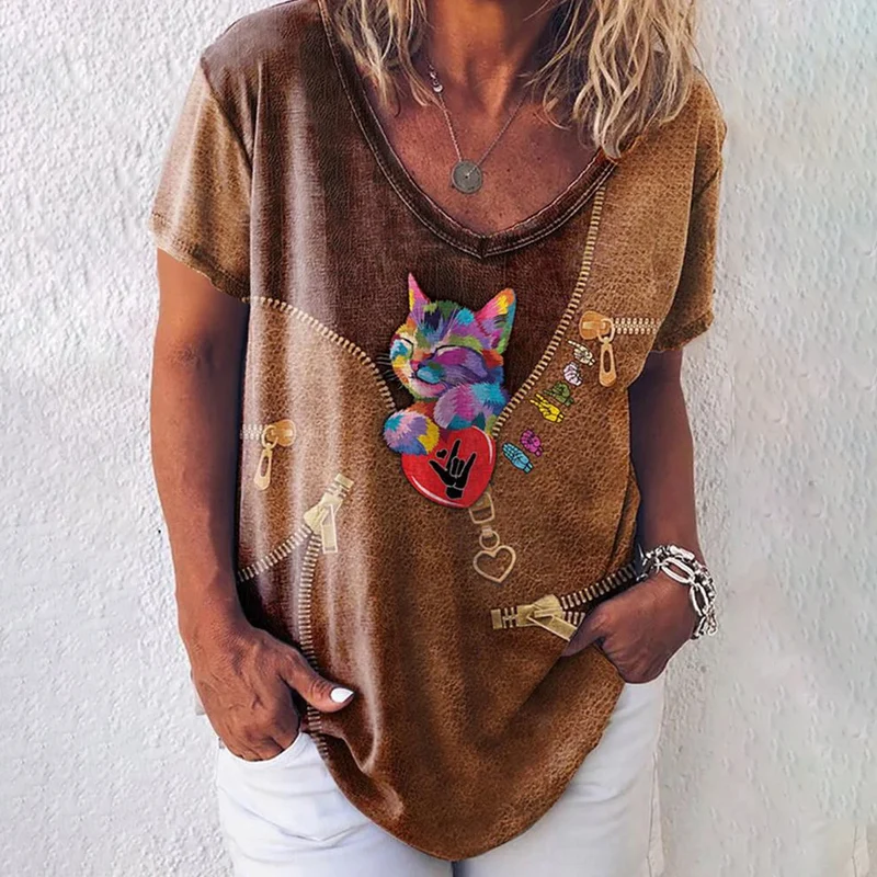 Damen Sommer Top Katzen T-Shirt Rundhals Streetwear Bluse Damentop Mädchen