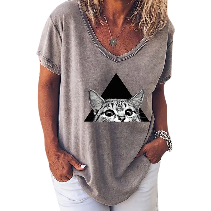 Damen Sommer Top Katzen T-Shirt Rundhals Streetwear Bluse Damentop Mädchen