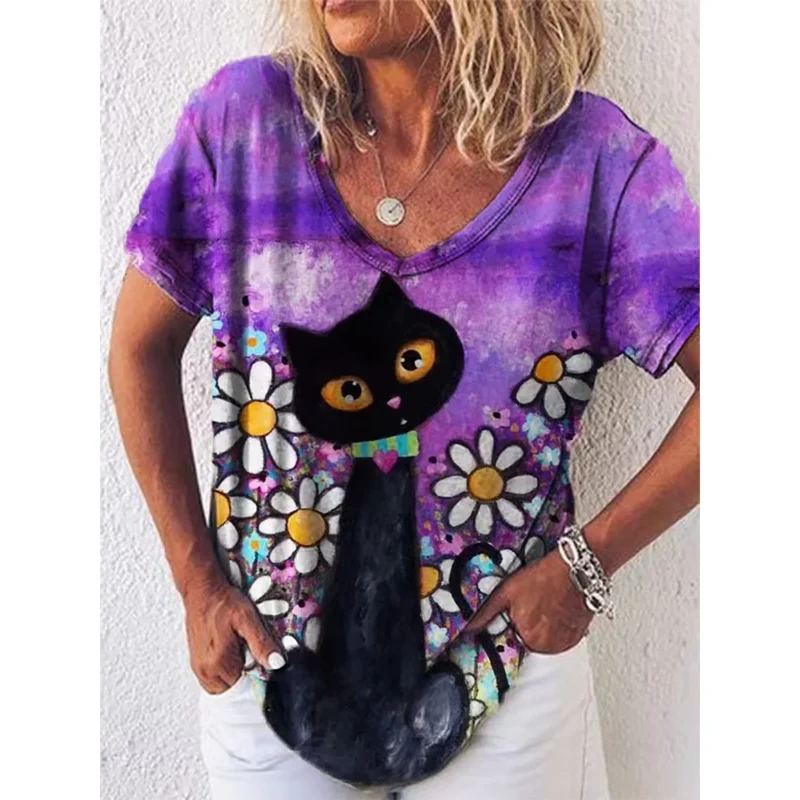Damen Sommer Top Katzen T-Shirt Rundhals Streetwear Bluse Damentop Mädchen