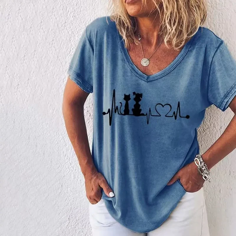 Damen Sommer Top Katzen T-Shirt Rundhals Streetwear Bluse Damentop Mädchen