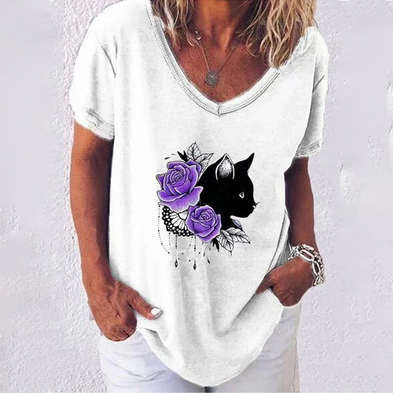 Damen Sommer Top Katzen T-Shirt Rundhals Streetwear Bluse Damentop Mädchen