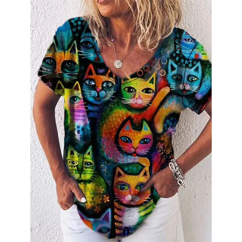 Damen Sommer Top Katzen T-Shirt Rundhals Streetwear Bluse Damentop Mädchen