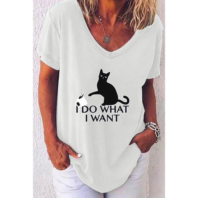 Damen Sommer Top Katzen T-Shirt Rundhals Streetwear Bluse Damentop Mädchen
