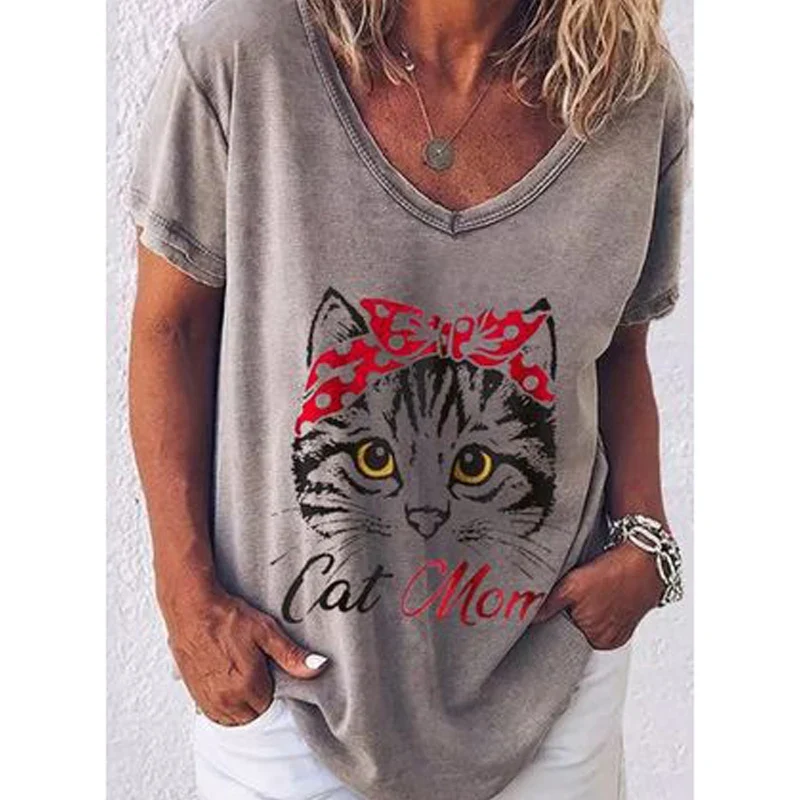 Damen Sommer Top Katzen T-Shirt Rundhals Streetwear Bluse Damentop Mädchen