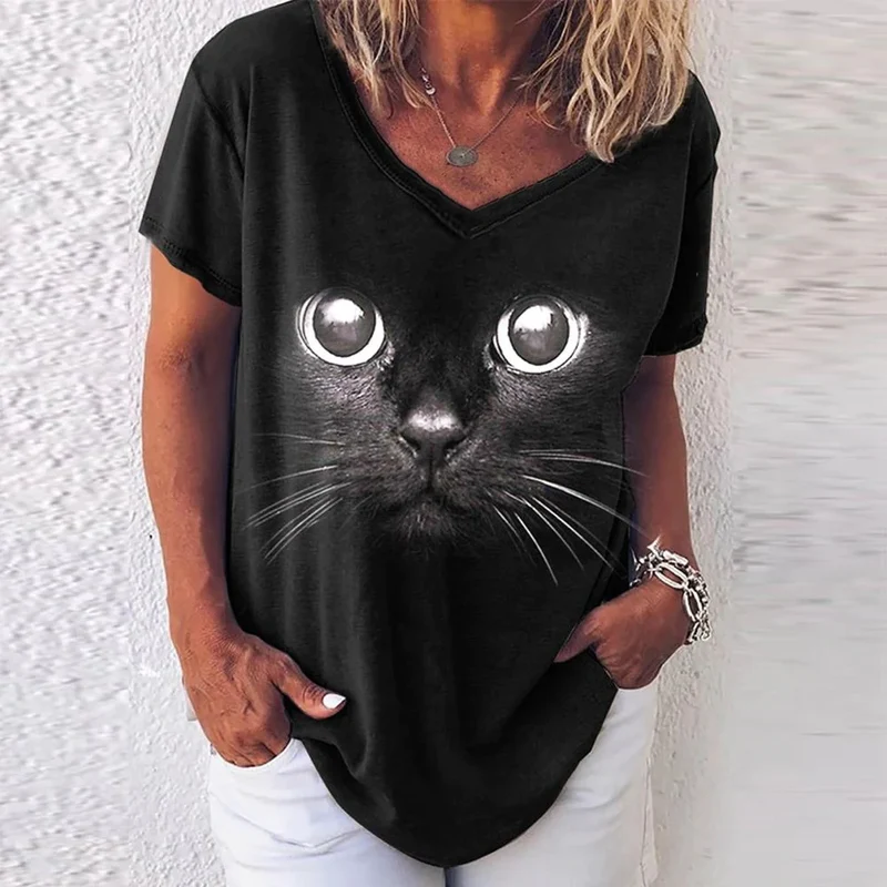 Damen Sommer Top Katzen T-Shirt Rundhals Streetwear Bluse Damentop Mädchen