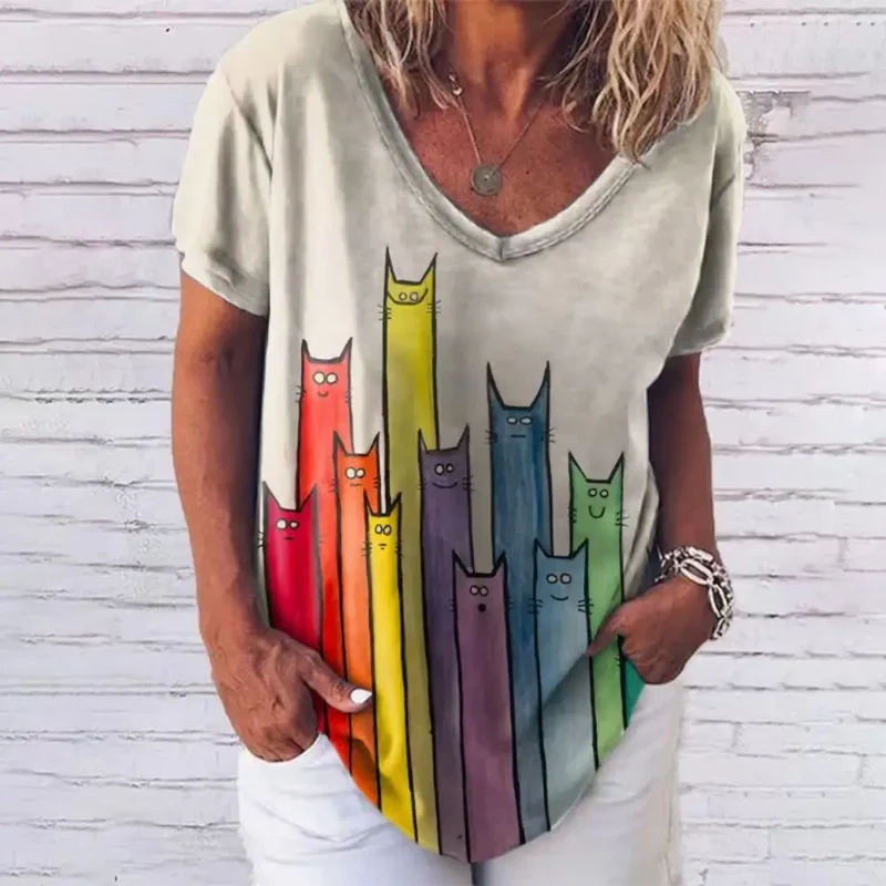 Damen Sommer Top Katzen T-Shirt Rundhals Streetwear Bluse Damentop Mädchen