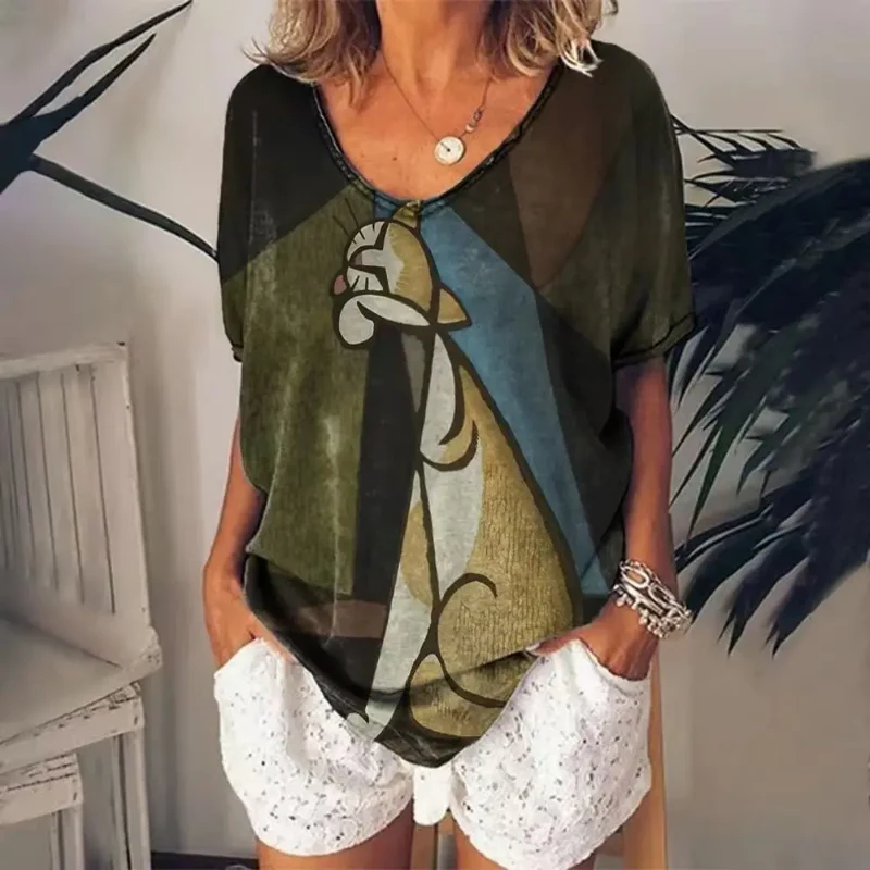 Damen Sommer Top Katzen T-Shirt Rundhals Streetwear Bluse Damentop Mädchen