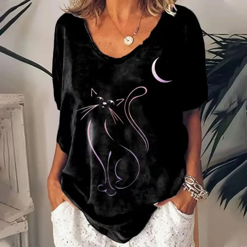 Damen Sommer Top Katzen T-Shirt Rundhals Streetwear Bluse Damentop Mädchen