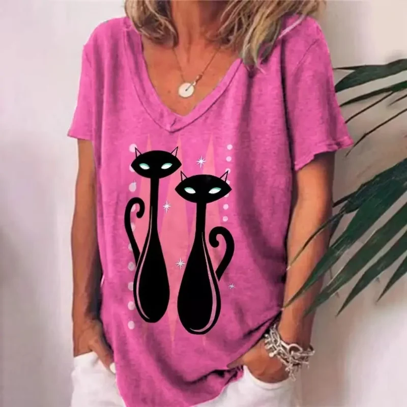 Damen Sommer Top Katzen T-Shirt Rundhals Streetwear Bluse Damentop Mädchen