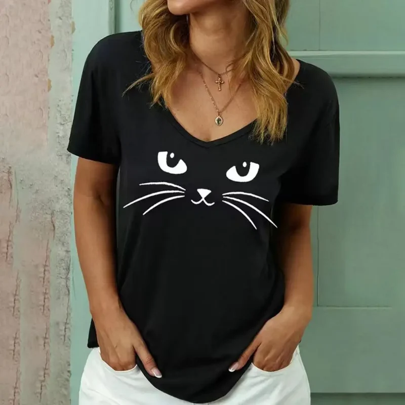 Damen Sommer Top Katzen T-Shirt Rundhals Streetwear Bluse Damentop Mädchen