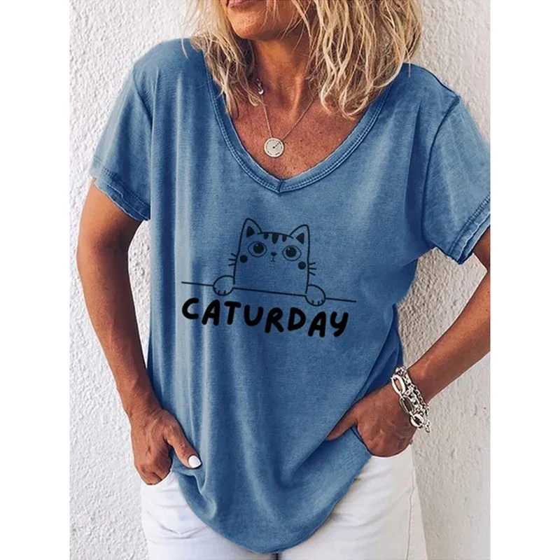 Damen Sommer Top Katzen T-Shirt Rundhals Streetwear Bluse Damentop Mädchen