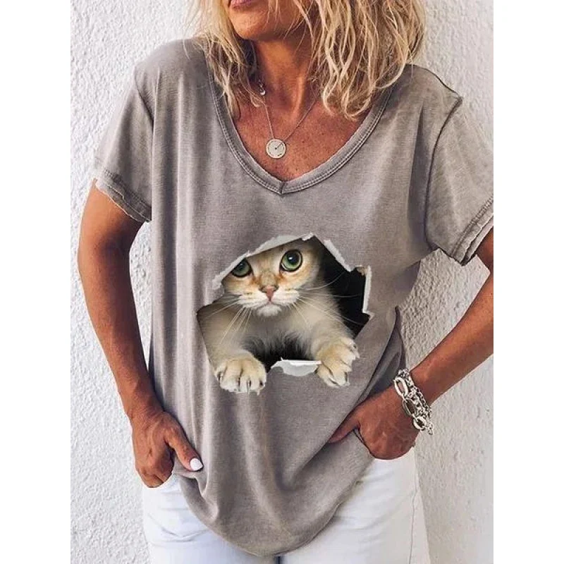 Damen Sommer Top Katzen T-Shirt Rundhals Streetwear Bluse Damentop Mädchen