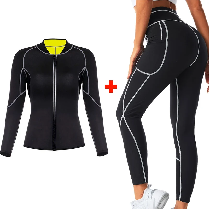 Damen Sauna Weste Abnehmen Anzug Schwitz Hose Sport Shirt Polymer Fitness Yoga
