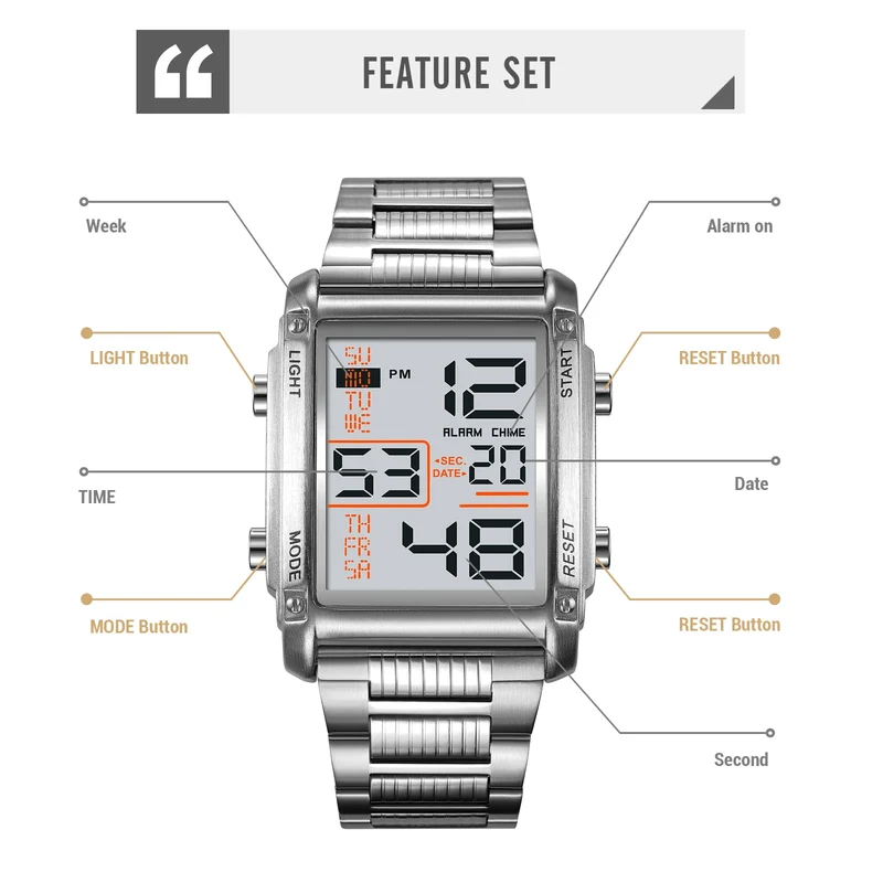 Herren Armbanduhr Digital Uhr Silber Edelstahl Quarzuhr Sportuhr Chronograph
