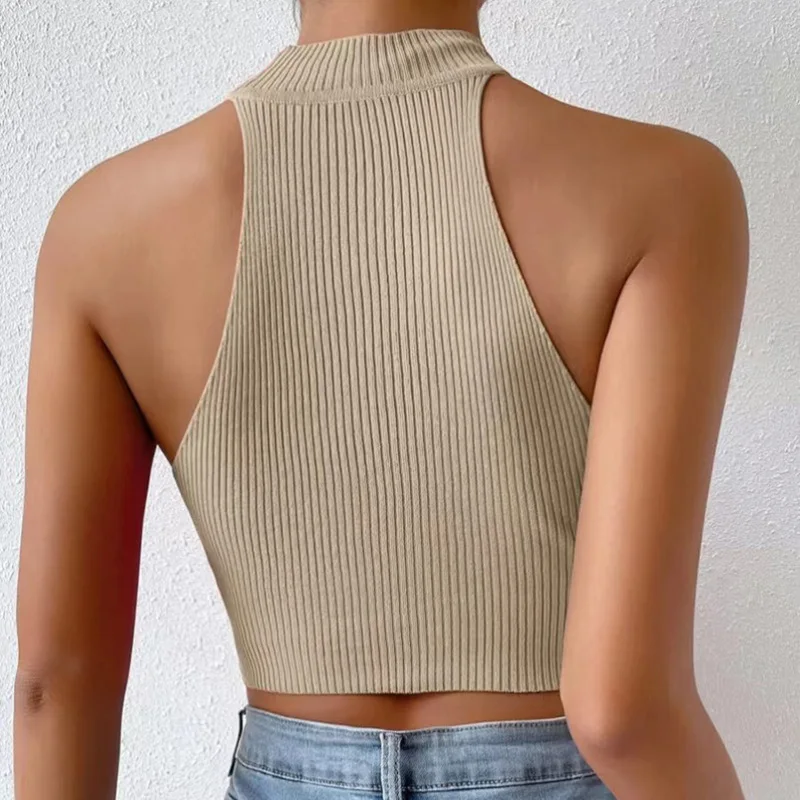 Gestrickte ärmellose Neckholder-Top Damen Tank Top Shirt Trägertop Oberteil