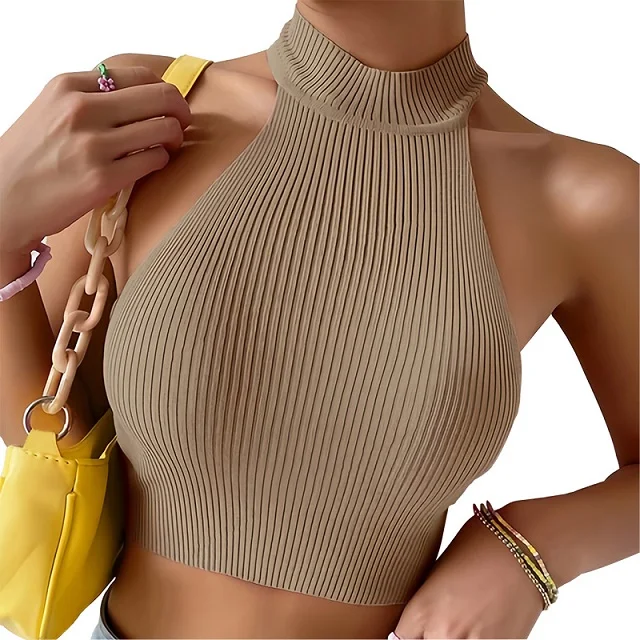 Gestrickte ärmellose Neckholder-Top Damen Tank Top Shirt Trägertop Oberteil