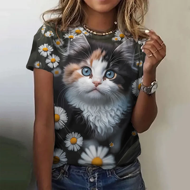 Damen Sommer Top 3D Katzen T-Shirt Rundhals Streetwear lockeres Damentop Bluse