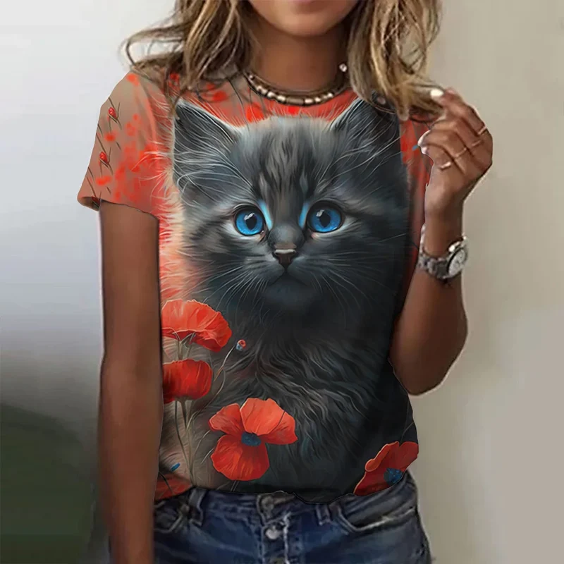 Damen Sommer Top 3D Katzen T-Shirt Rundhals Streetwear lockeres Damentop Bluse