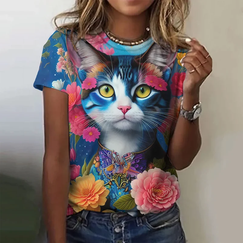 Damen Sommer Top 3D Katzen T-Shirt Rundhals Streetwear lockeres Damentop Bluse