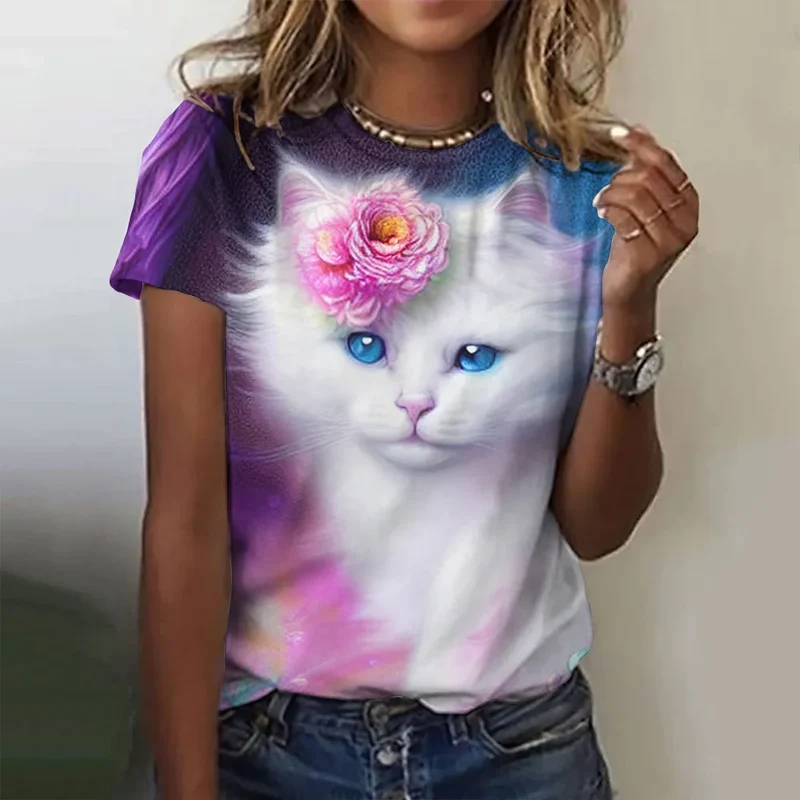 Damen Sommer Top 3D Katzen T-Shirt Rundhals Streetwear lockeres Damentop Bluse