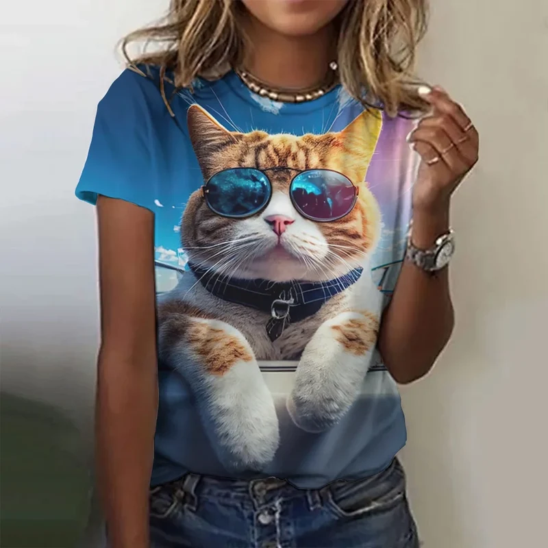 Damen Sommer Top 3D Katzen T-Shirt Rundhals Streetwear lockeres Damentop Bluse