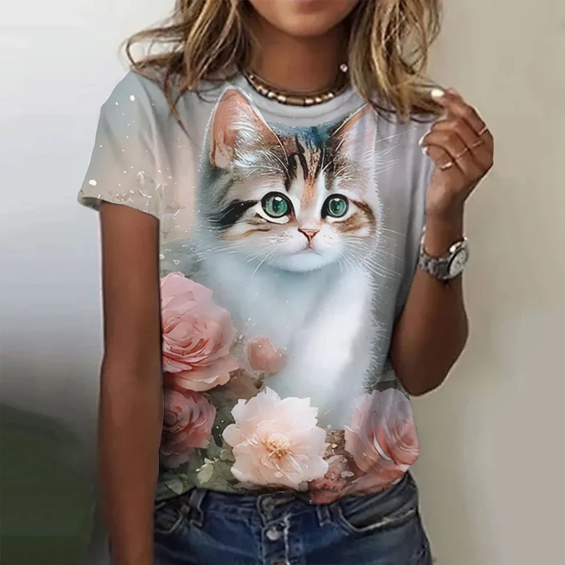 Damen Sommer Top 3D Katzen T-Shirt Rundhals Streetwear lockeres Damentop Bluse