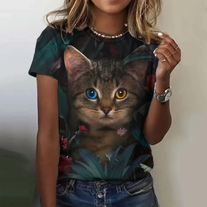 Damen Sommer Top 3D Katzen T-Shirt Rundhals Streetwear lockeres Damentop Bluse