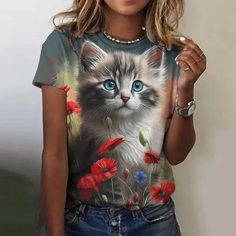 Damen Sommer Top 3D Katzen T-Shirt Rundhals Streetwear lockeres Damentop Bluse