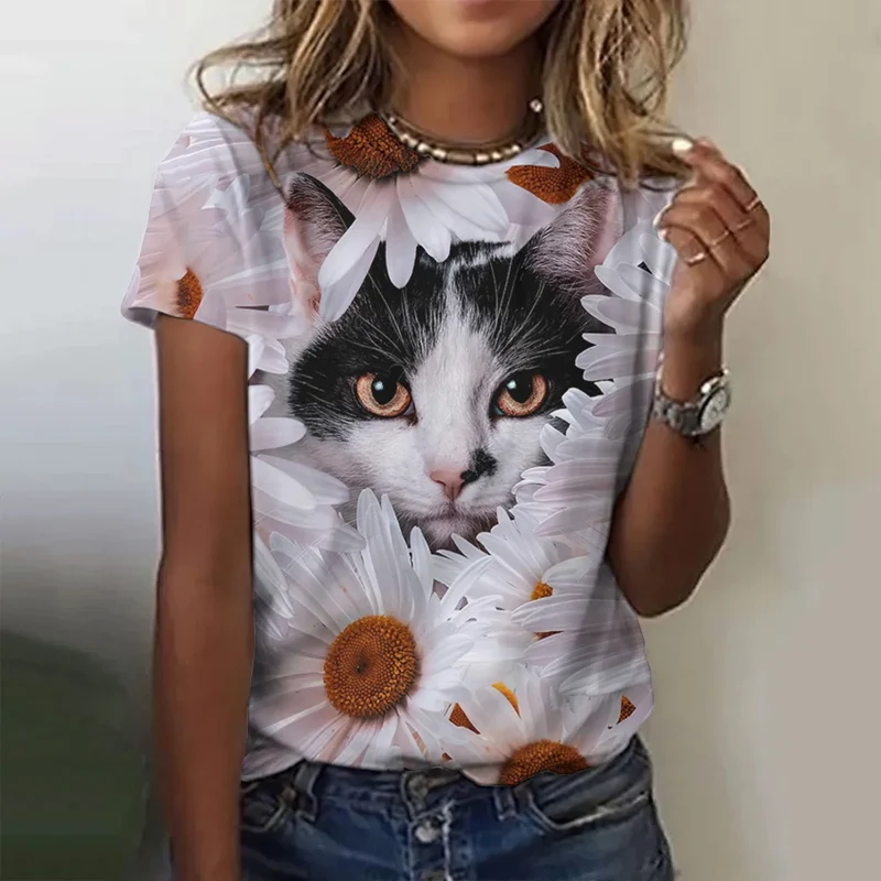 Damen Sommer Top 3D Katzen T-Shirt Rundhals Streetwear lockeres Damentop Bluse
