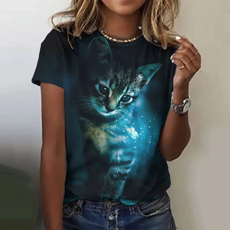 Damen Sommer Top 3D Katzen T-Shirt Rundhals Streetwear lockeres Damentop Bluse