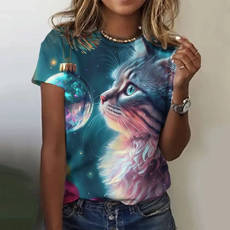 Damen Sommer Top 3D Katzen T-Shirt Rundhals Streetwear lockeres Damentop Bluse