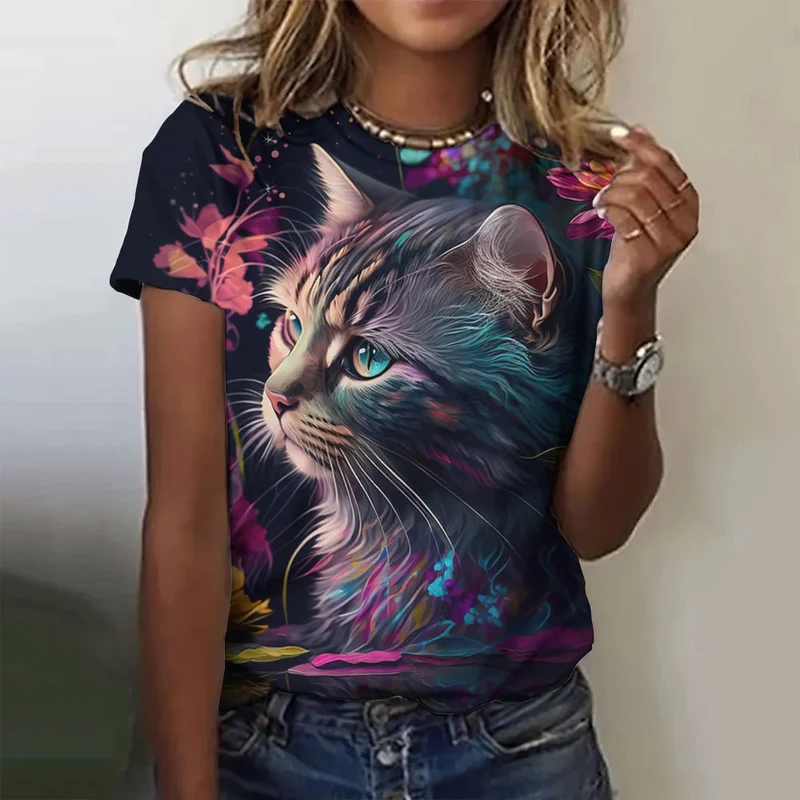 Damen Sommer Top 3D Katzen T-Shirt Rundhals Streetwear lockeres Damentop Bluse