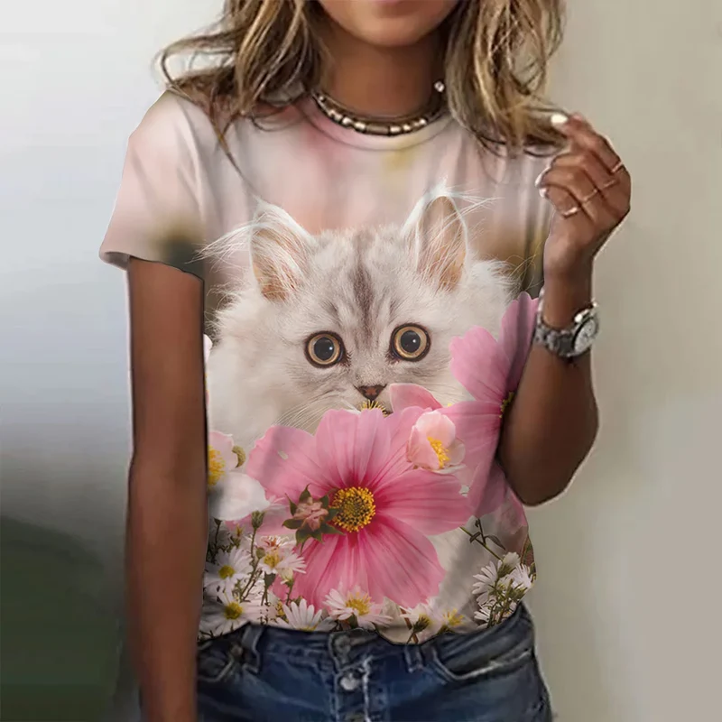 Damen Sommer Top 3D Katzen T-Shirt Rundhals Streetwear lockeres Damentop Bluse