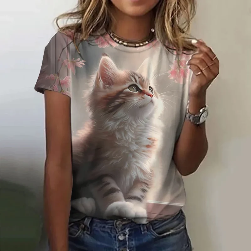Damen Sommer Top 3D Katzen T-Shirt Rundhals Streetwear lockeres Damentop Bluse