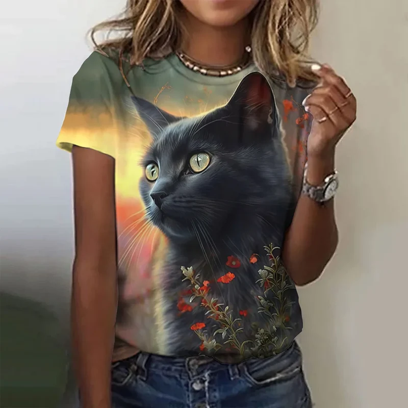 Damen Sommer Top 3D Katzen T-Shirt Rundhals Streetwear lockeres Damentop Bluse