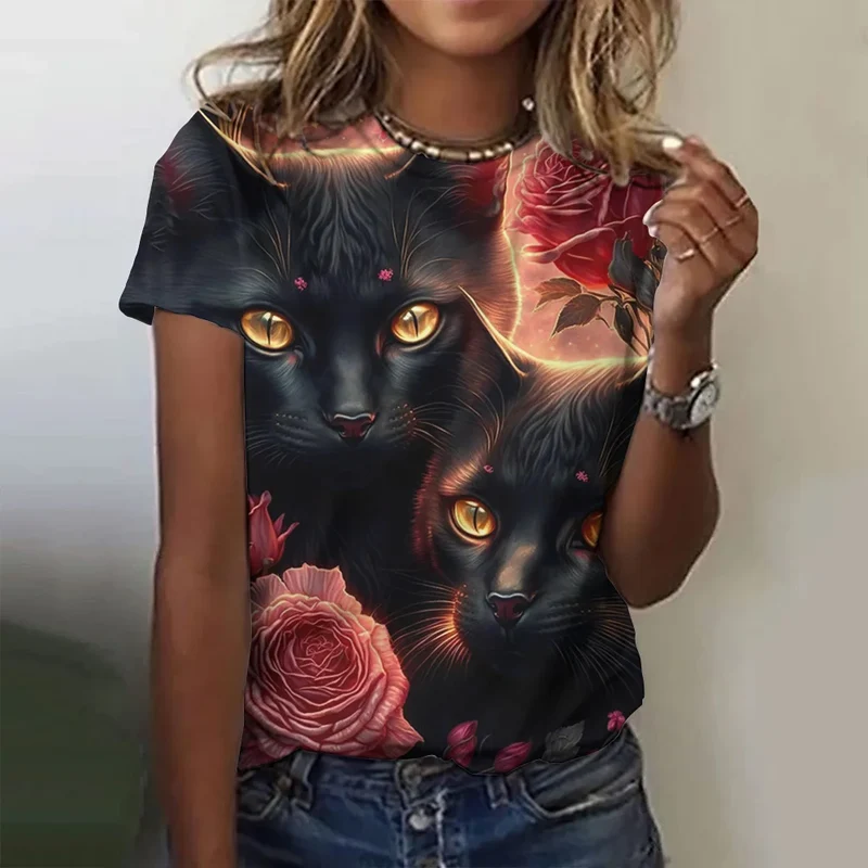 Damen Sommer Top 3D Katzen T-Shirt Rundhals Streetwear lockeres Damentop Bluse