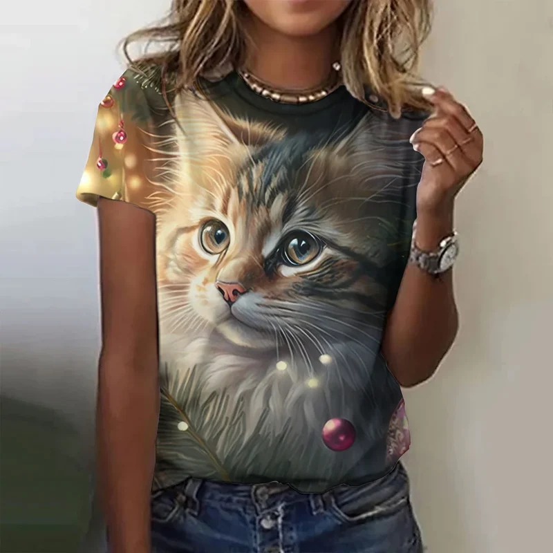 Damen Sommer Top 3D Katzen T-Shirt Rundhals Streetwear lockeres Damentop Bluse